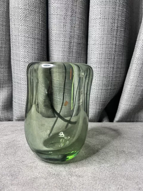 Art Glass Vase Candle Holder Green Optic Swirl Design Heavy 5” Hand Blown