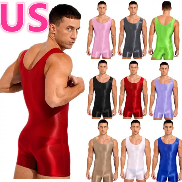 US Men's Glossy Bodysuits Stretchy Wrestling Singlet U Neck Leotards Jumpsuits