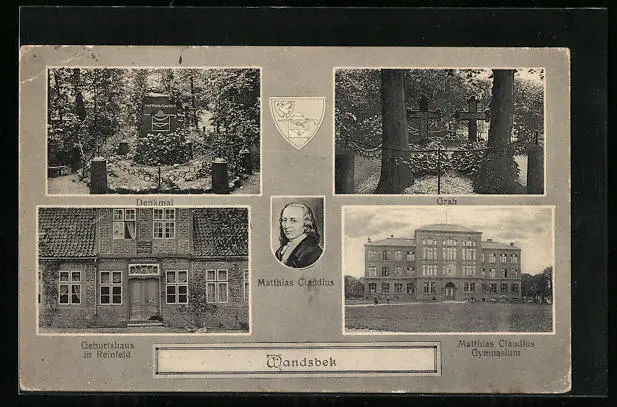 Hamburg-Wandsbek, Denkmal, Matthias Claudius, Gymnasium, Ansichtskarte 1917