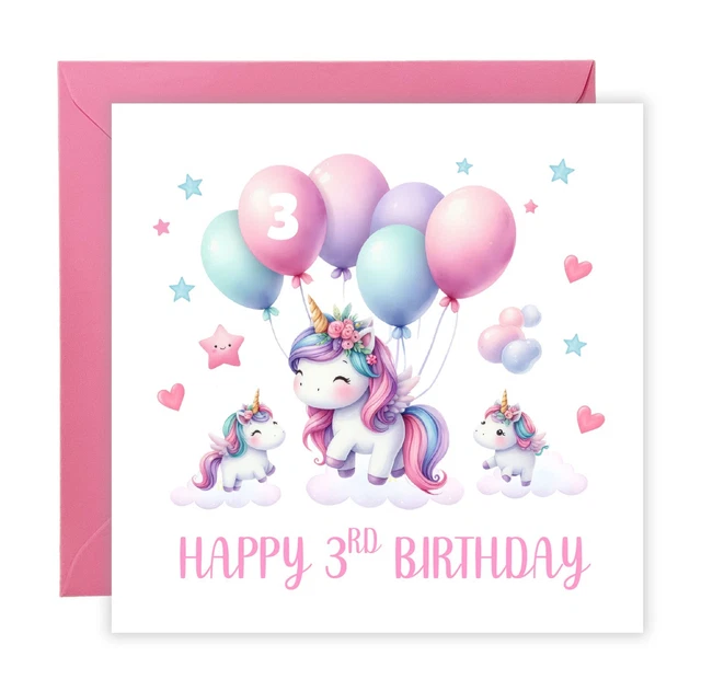 Girl's Unicorn Photo Granddaughter 3rd Birthday Personalized Birthday Card - Red Heart Print