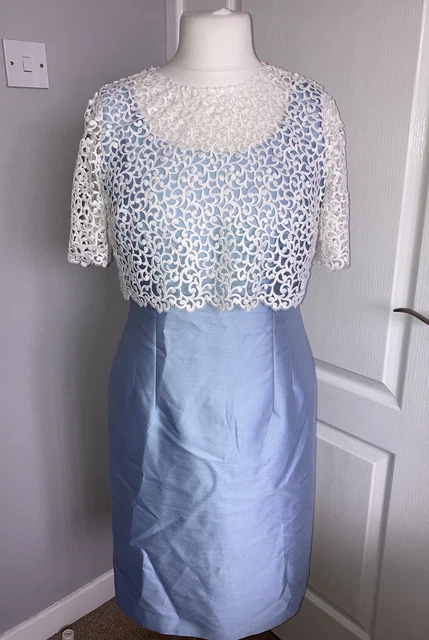Hobbs London Size 12 Baby Blue White Broderie Anglais Silk Wool Blend Motb Dress