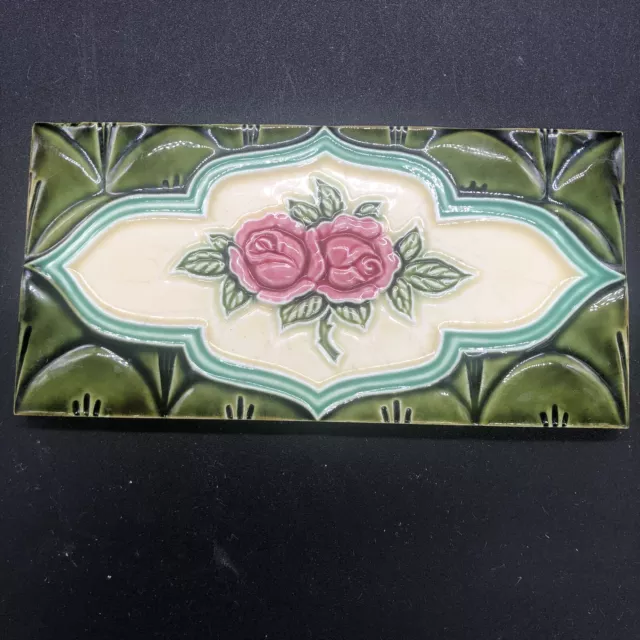 Vintage Art Nouveau Rose Pink Flower Border Tile Majolica 6” x 3” Japan *Read*