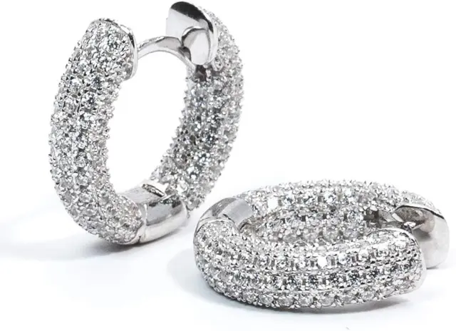Fully Iced Small round Cz White Gold Plated Sterling Silver  Hoop Earrings New