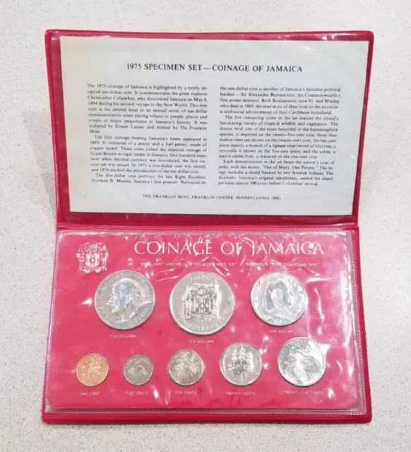 1975 Coinage Of Jamaica Franklin Mint Uncirculated Specimen 8 Coin Set- Island