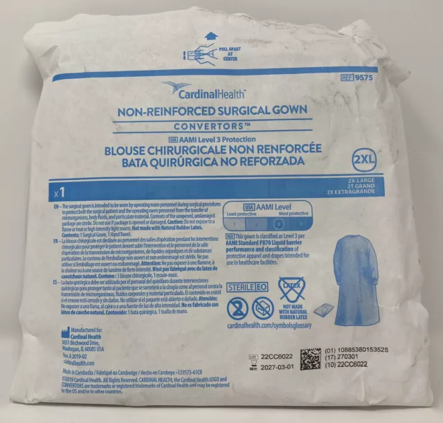 Cardinal Health Non-Reinforced Blue Surgical Gown - Sterile - # 9575 - Size 2Xl