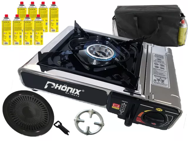 Phönix PC-20 Acero Inox. Estufa de Gas Camping Cocina + Accesorio Parrilla + 8x