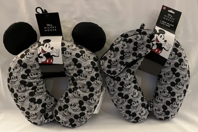 Set of 2 Black/Grey Mickey Mouse Travel Neck Pillows-1 w/ Ears & 1 w/ Eye Mask