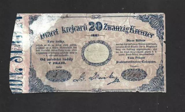 20 Kreuzer Vg Banknote From Austrian Empire/Bohemia 1849  Rare