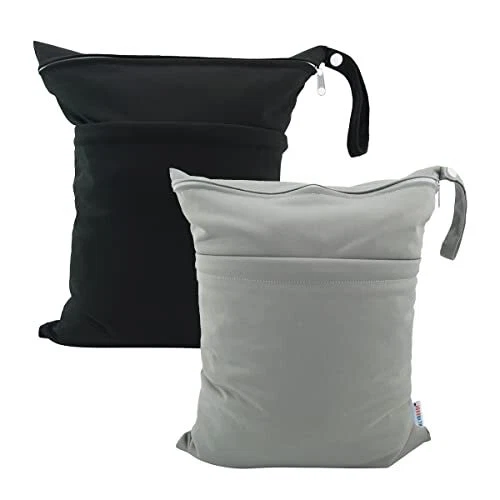 2pcs Cloth Diaper Wet Dry Bags Waterproof Reusable with Two Zippered Pockets