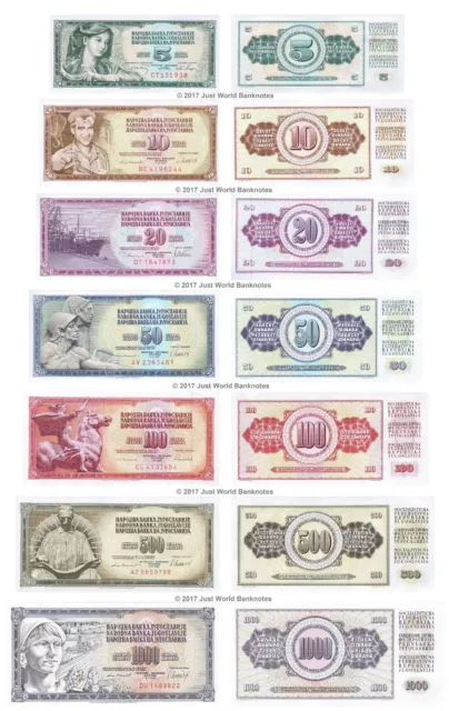 Yugoslavia 5 + 10 + 20 + 50 + 100 + 500 + 1000 Dinara Set of 7 Banknotes UNC