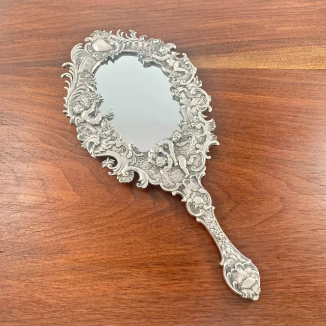 MONUMENTAL HEAVY SOLID STERLING SILVER VICTORIAN HAND MIRROR PUTTI 538G c.1893