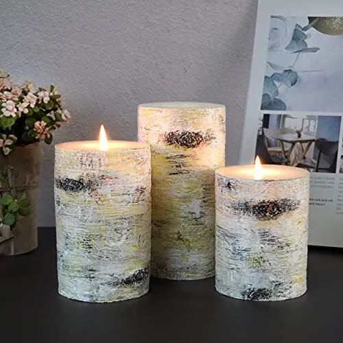 Marble Pillar Candle Set 3, Clean Burning , Hand Poured Unscented Candle Birch