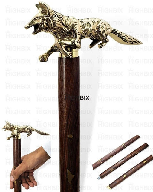 Victorian fox solid brass Head handle 3-Fold Wooden Walking new Stick desigener