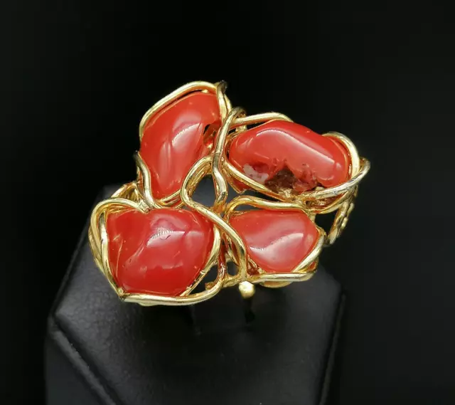 Bague pour Femme Vrai Corail Rouge De Sardaigne Tige Réglable Argent 925 Or