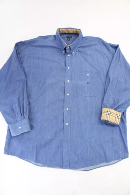 Burberry London Shirt Mens sz XXL Blue Chambray Denim Nova Check Flip Cuff USA