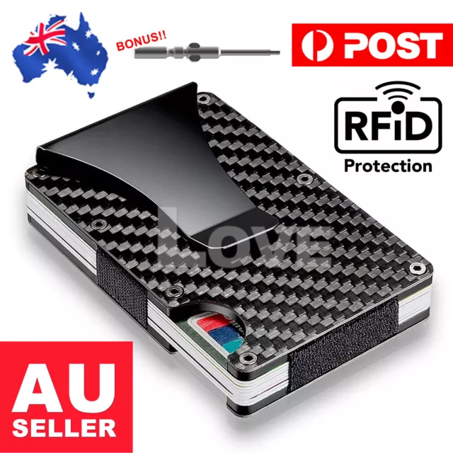 Men's Slim Carbon Fiber Credit Card Holder RFID Blocking Wallet Money Metal Clip