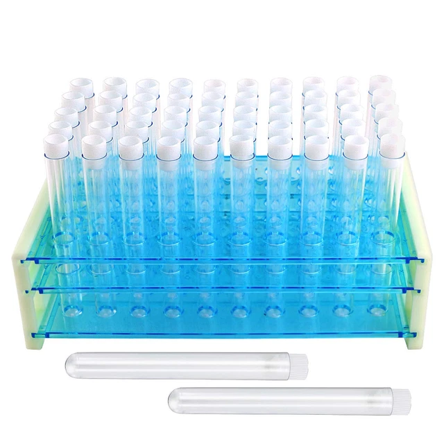 50 PCS Clear Plastic Test Tubes with Cap and Rack for Scientific Experiment,Hall