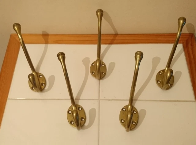 5x Old Vintage/Antique Solid Brass Double Coat Hooks Original Reclaimed 🇬🇧