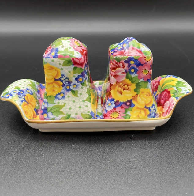 Royal Winton Grimwades Chintz “Julia” Salt & Pepper Shakers W/ Under Plate Mint