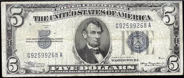 US Currency $5 Five Dollar 1934 A Silver Certificate FR 1651 Blue Seal