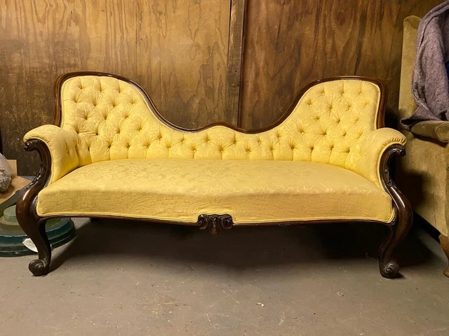 Antique Victorian Sofa - Recently beautifully recovered in yellow fabric