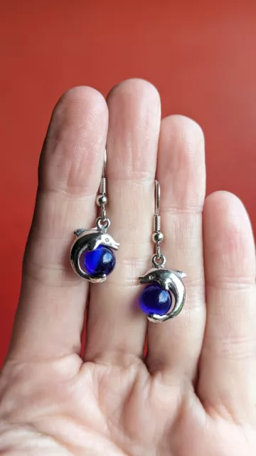 Vintage Jumping DOLPHINS Blue Glass Cats Eye Bead Ball HOOK Dangle EARRINGS