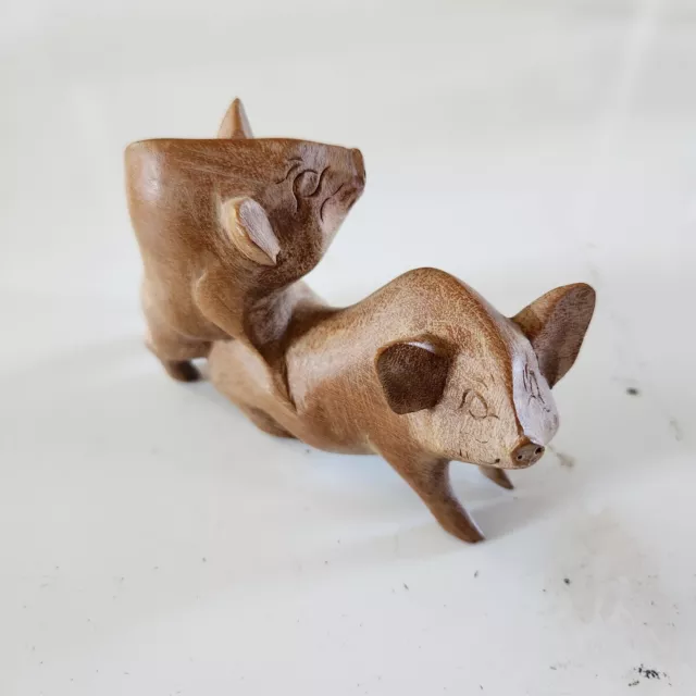 Vintage Hand Carved Suar Wood Pig Statuette Honeymoon Pigs Handmade Novelty Sex