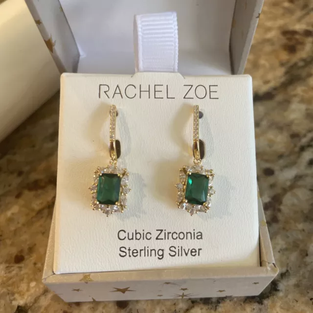 Rachel Zoe Gold & Sterling Silver Green Square CZ Dangle Earrings NEW