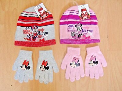 New Girls Minnie Mouse Hat And Gloves Set Disney Pink Grey Ages 2-4 4-8 Years