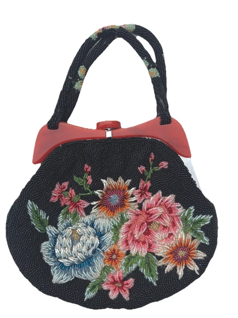 JAPAN VINTAGE JAPANESE Beaded Bag Silver Clasp Floral Party
