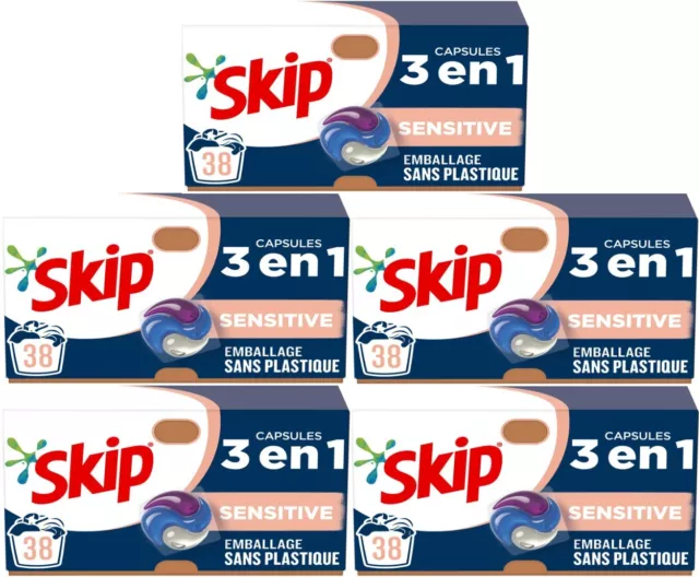 Lot de 190 Pods Skip 3 en 1 Sensitive Lessive Capsules 190 Lavages