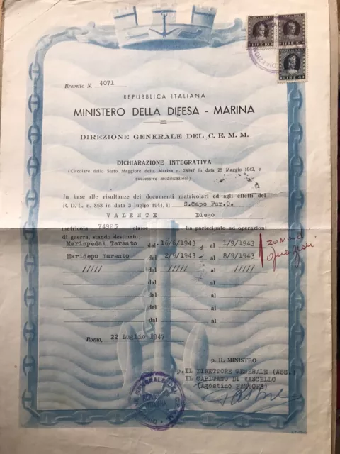 Diploma ministero difesa Marina a marinaio  per attività seconda guerra mondiale