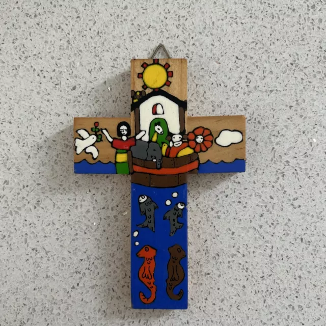 Noahs Ark Crucifix Wooden Cross Hand Painted 5 Inch Tall Beautiful Condition