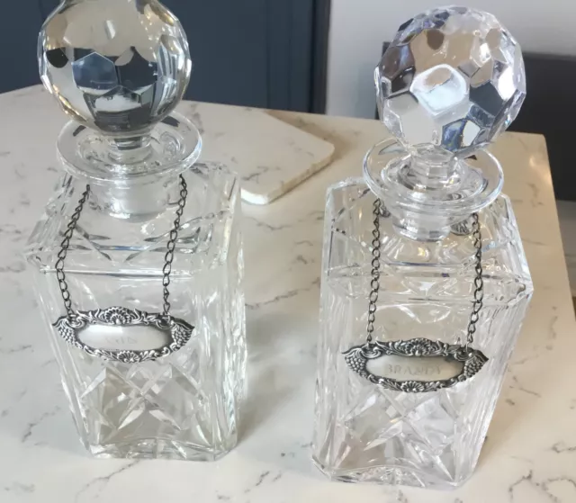 A Pair Of Quality Vintage 1997 Cut Glass Decanters With Hallmarked Silver Labels