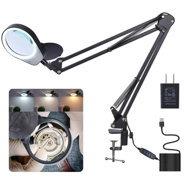 Magnifying Desk Lamp with Clamp, 5X Real Glass Lens, 3 Color Modes Stepless