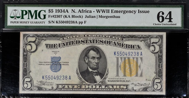 1934A North Africa Emergency Issue $5 Silver Certificate PMG 64 Choice U