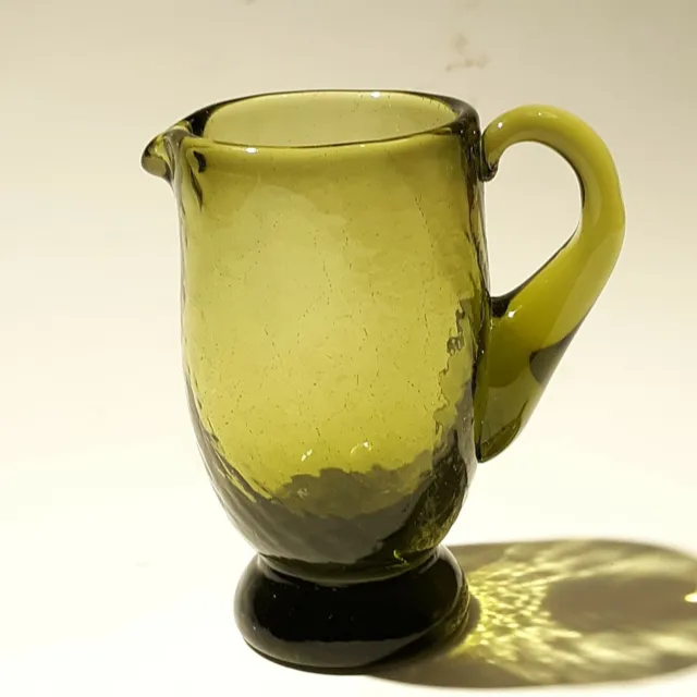 Hand Blown Glass Pitcher Mid-Century Avocado Green Small 3" Vintage