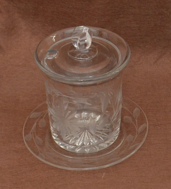 Vtg Glass Condiment Jar with Cover & Underplate Jelly Jam Server etched design