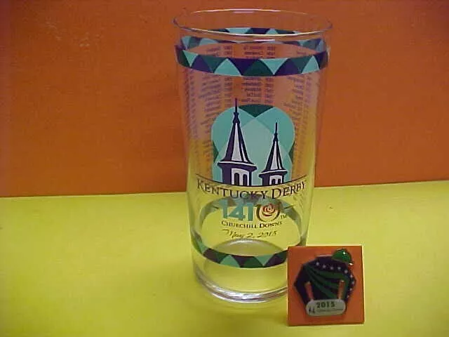 2015 Kentucky Derby Glass with silks pin American Pharoah Triple Crown RARE