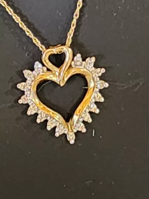 VINTAGE 10kt Solid Gold Natural Diamond Double Heart Necklace Pendant 18" ITALY