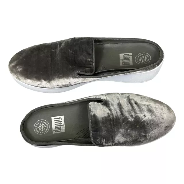 FitFlop Size 7.5 Womens Silver Gray Velvet Superskate Slip On Mule Shoes