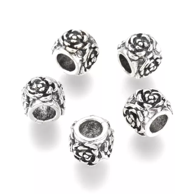 10x Tibetan Alloy European Beads Carved Rose Flower Large Hole Charms Craft 10mm
