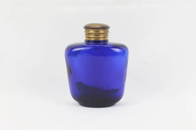 1900s Old Antique Cobalt Blue Thick Glass Brass Cap Rare Collectible Ink Pot