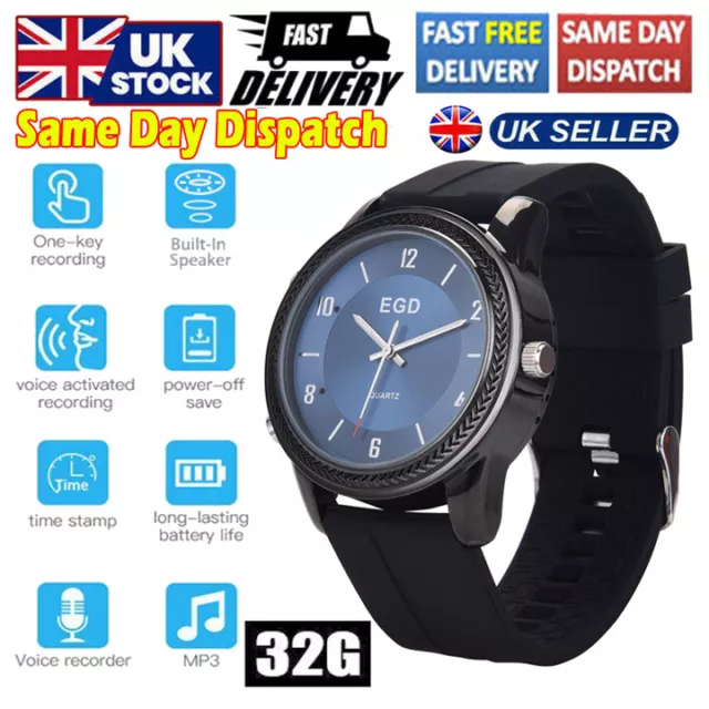 Wristband Voice Activated 32GB Digital Audio Voice Recorder Watch Mp3 Player UK