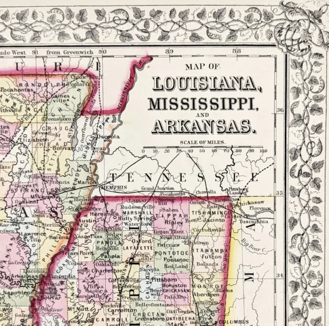 1867 LOUISIANA MISSISSIPPI ARKANSAS Map ORIGINAL  New Orleans Little Rock Biloxi