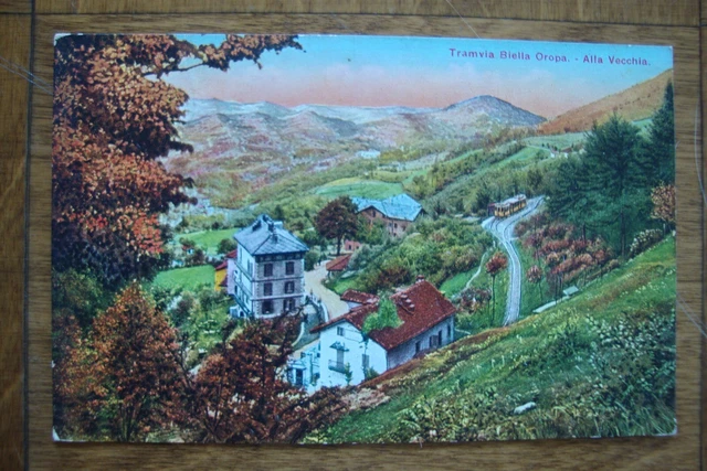 cartolina viaggiata ricolorata 1929 tramvia Biella Oropa