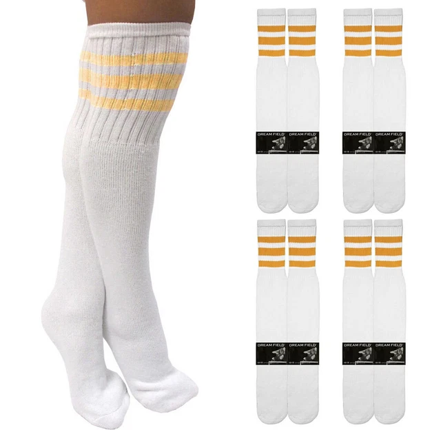 4 Paire Décontracté Hauteur Genou Blanc Tube Chaussettes Jaune Rayure Long Sport