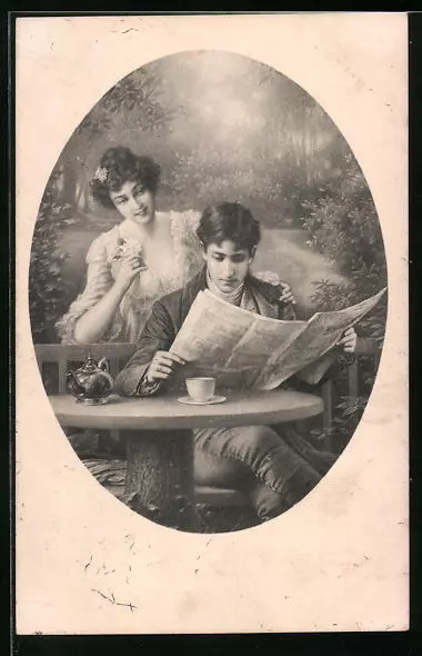 Künstler-AK M. Munk Nr. 644: Junge Frau mit ihrem mann beim Zeitung lesen