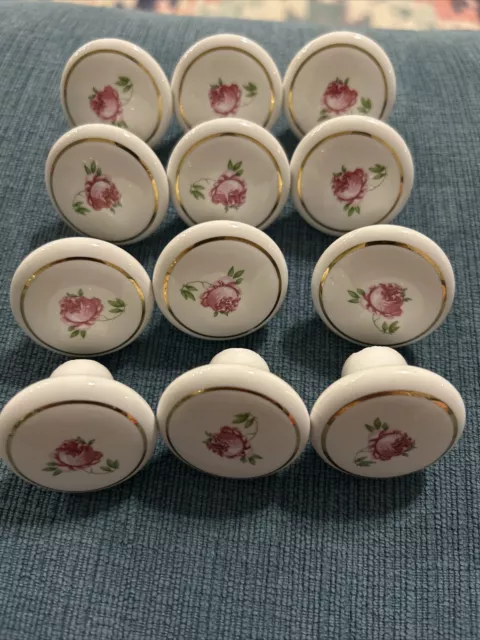 Lot Of 12 Vintage Porcelain Drawer/Cabinet/dresser White Pink Flower Door Knobs