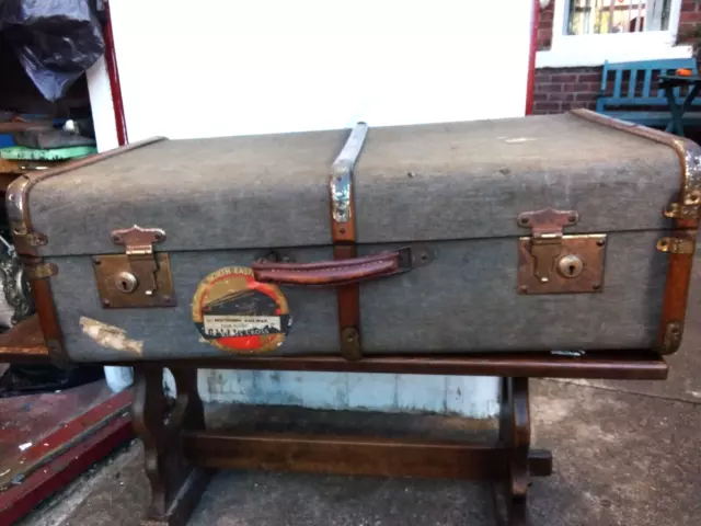 Antique Vintage Grey Wood Canvas Cabin Steamer Trunk /Storage Box/ Coffee Table